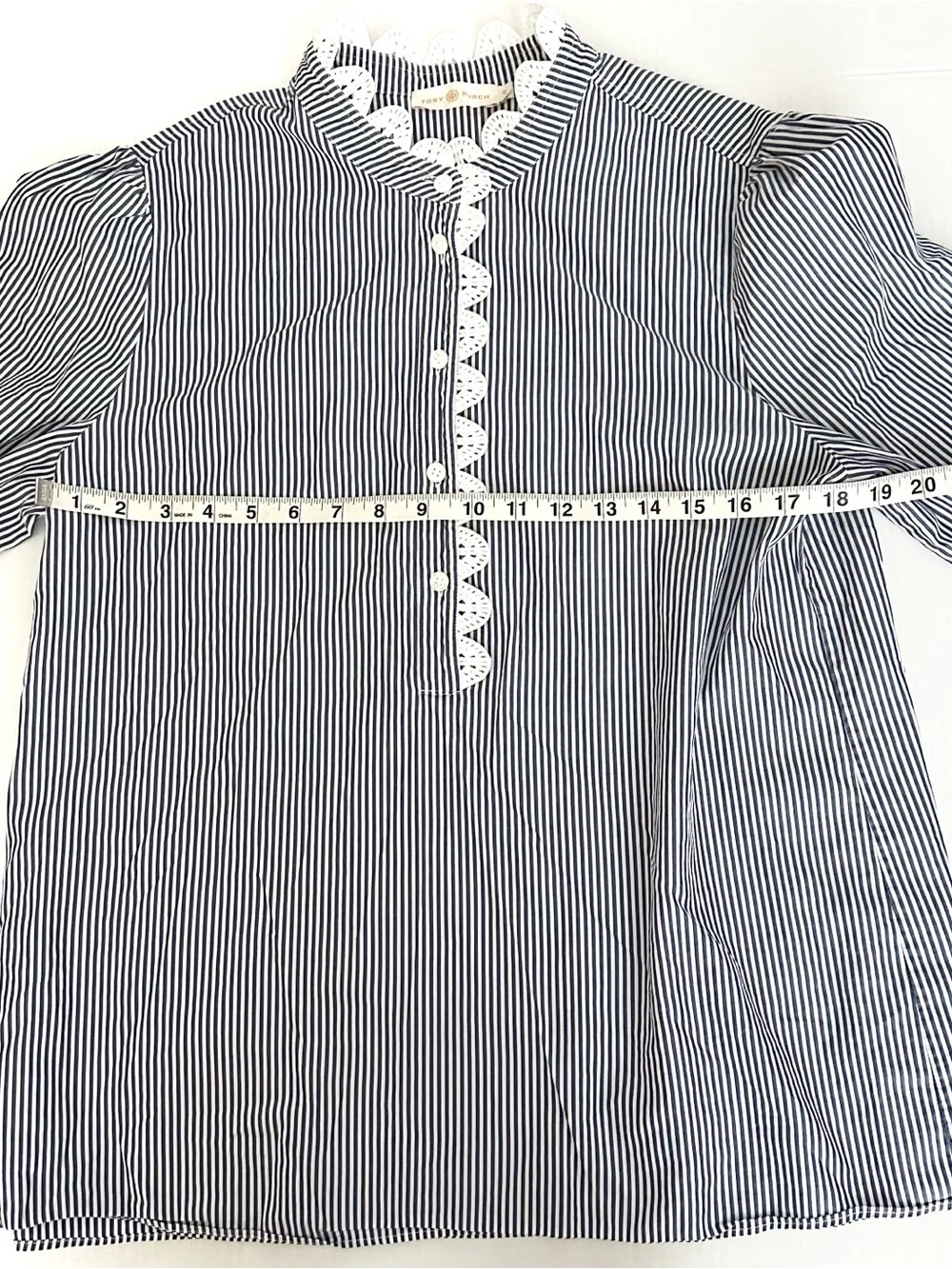 Tory Burch Blue White Stripe Cotton Lace Shirt Size 12
